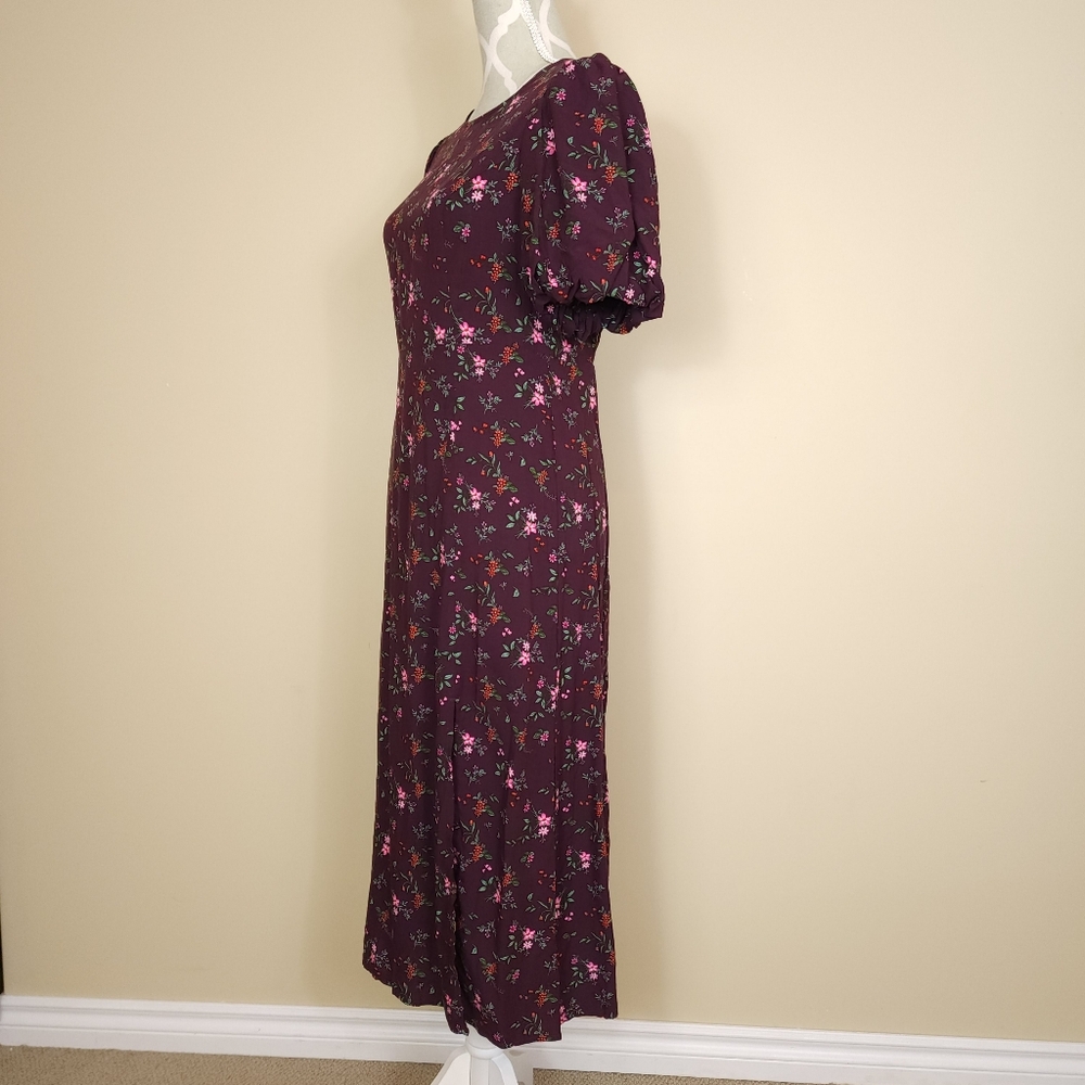​NWT Old Navy Floral Maxi Dress Puff Sleeve Cutout Split M Petite Burgundy - Picture 5 of 12
